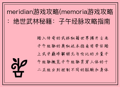 meridian游戏攻略(memoria游戏攻略：绝世武林秘籍：子午经脉攻略指南)